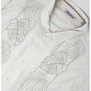 Tommy Bahama 100% Silk Camp Shirt Men's Size 1XLB Ivory Embroidered Palm Leaves‎